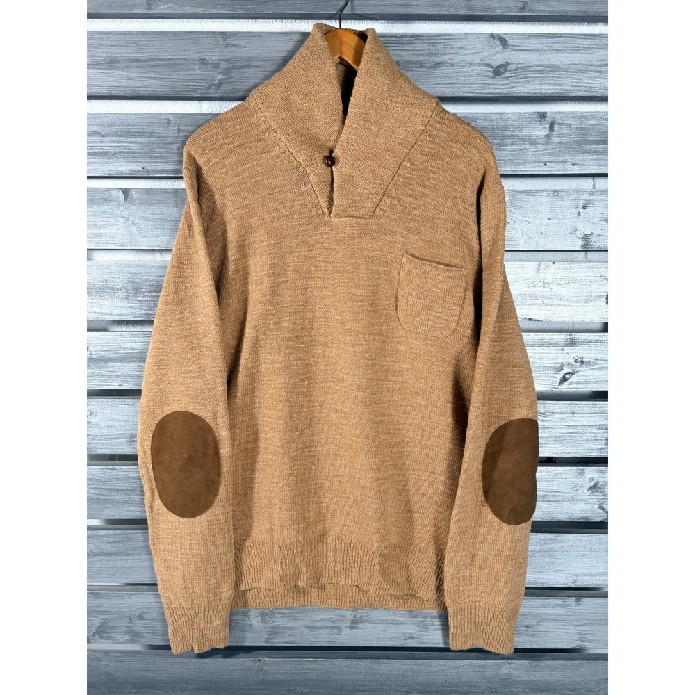 J.Crew Mens XL Slim Fit / L Merino Wool Shawl Collar Sweater Tan Elbow Patches